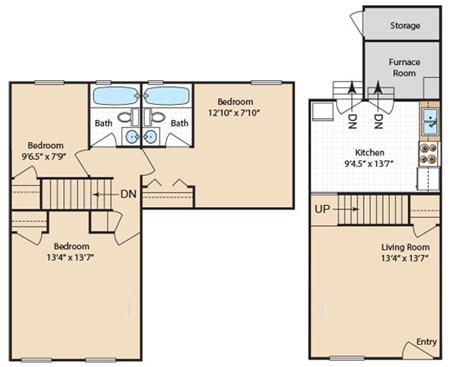 Floor plan for 3 beds, 2 baths, 926 sqft